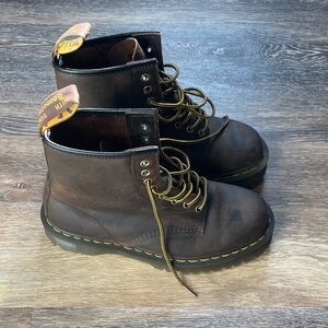 DR. MARTENS Brown Leather Boots with Yellow Accents